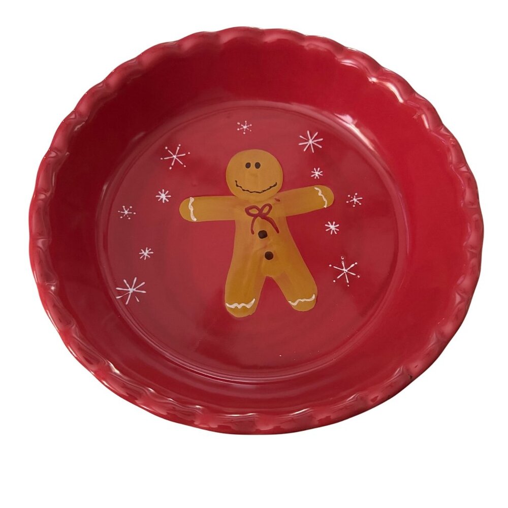 Red Ceramic Pie Dish Gingerbread Man Design Holiday Serving Bakeware‎ 9.5" Round